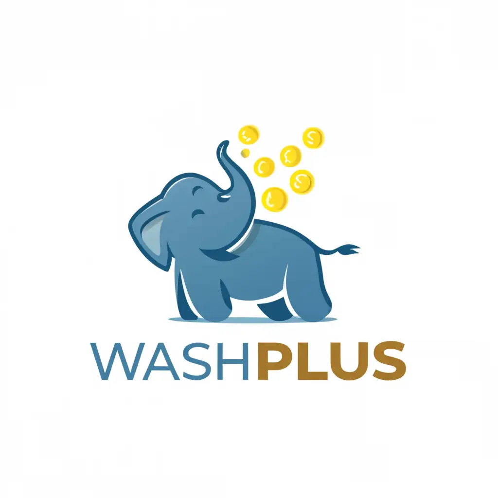 a logo design,with the text 'Washplus', main symbol:Blue Elephant baby blowing gold coins side ways,Moderate,clear background