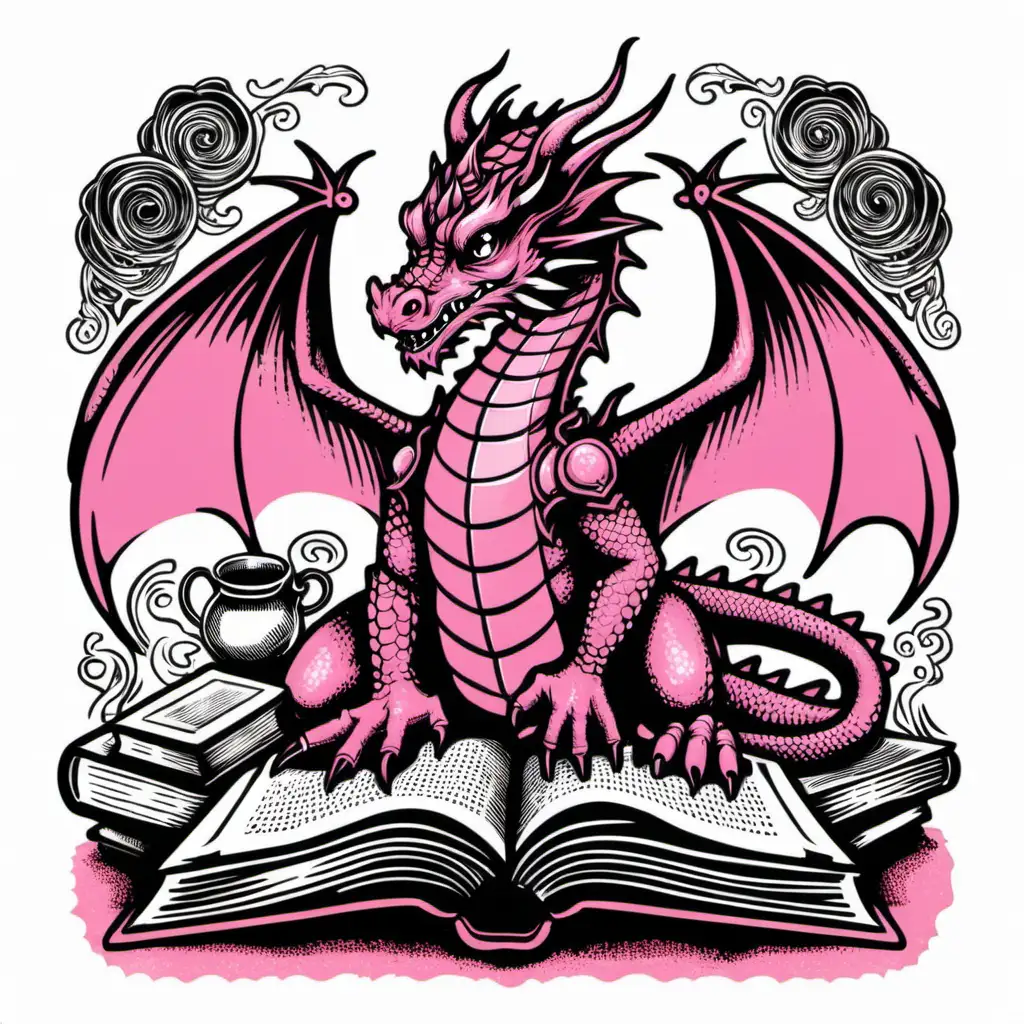 pink dragon, screen print design, reading books, hand drawn, pink, black, white, old English theme