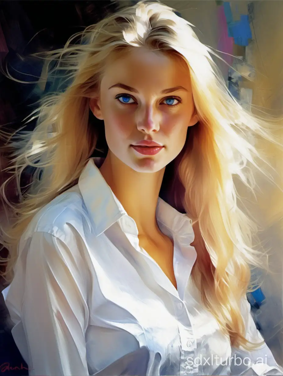 painting
full portrait
young woman
ash blond
blue eyes
white shirt
Garmash/Pino