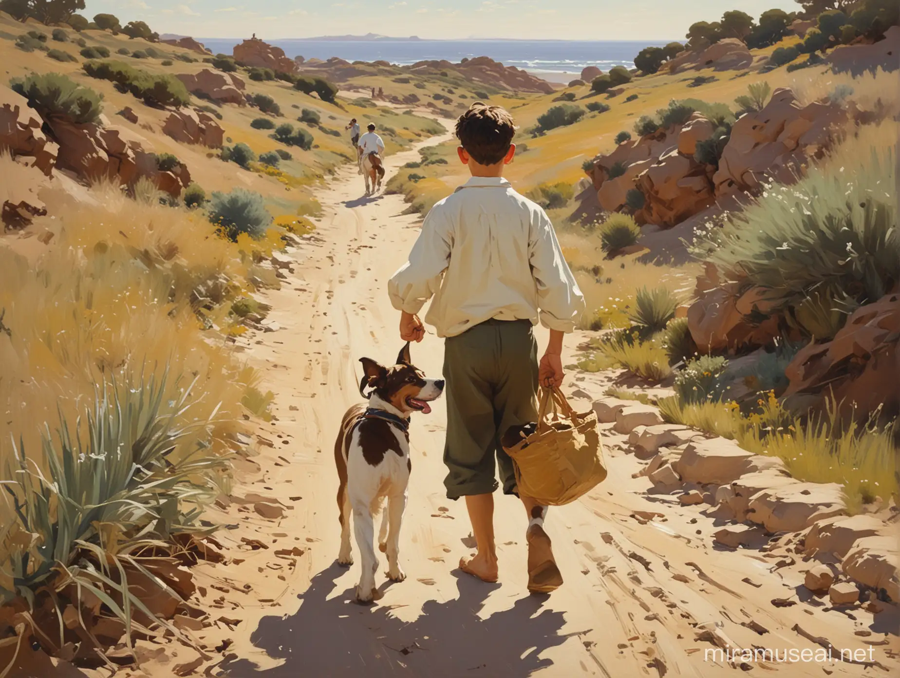 картина в стиле Хоакин Соролья, поле мальчик возвращается со своей собачкой. 