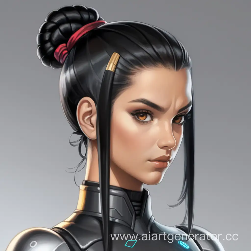 Android-Woman-Wearing-Costume-with-Black-Hair-in-a-Bun-and-Brown-Eyes