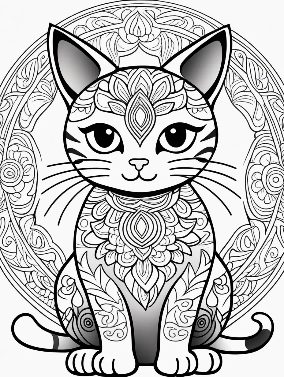 mandala cat cartoon style for kids coloring book