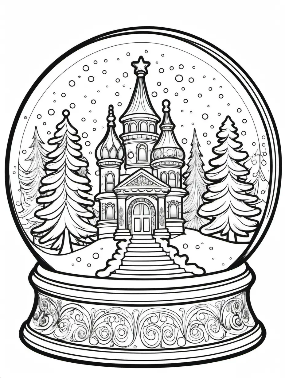 ornate snow globe coloring book, thick black outline