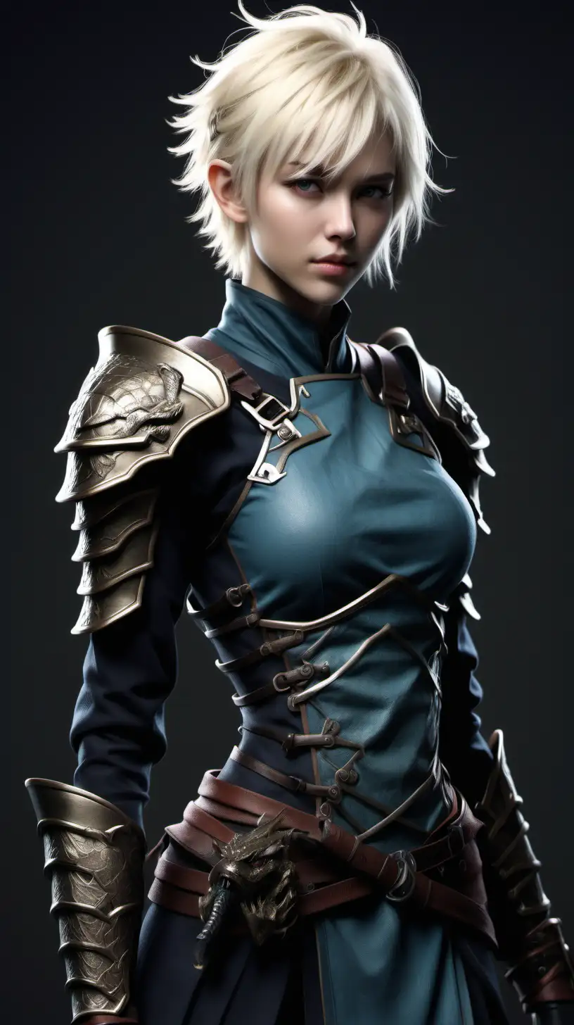 Female nordic pretty young tall androgyn, fit, short messy blonde hair, half-dragon ronin 