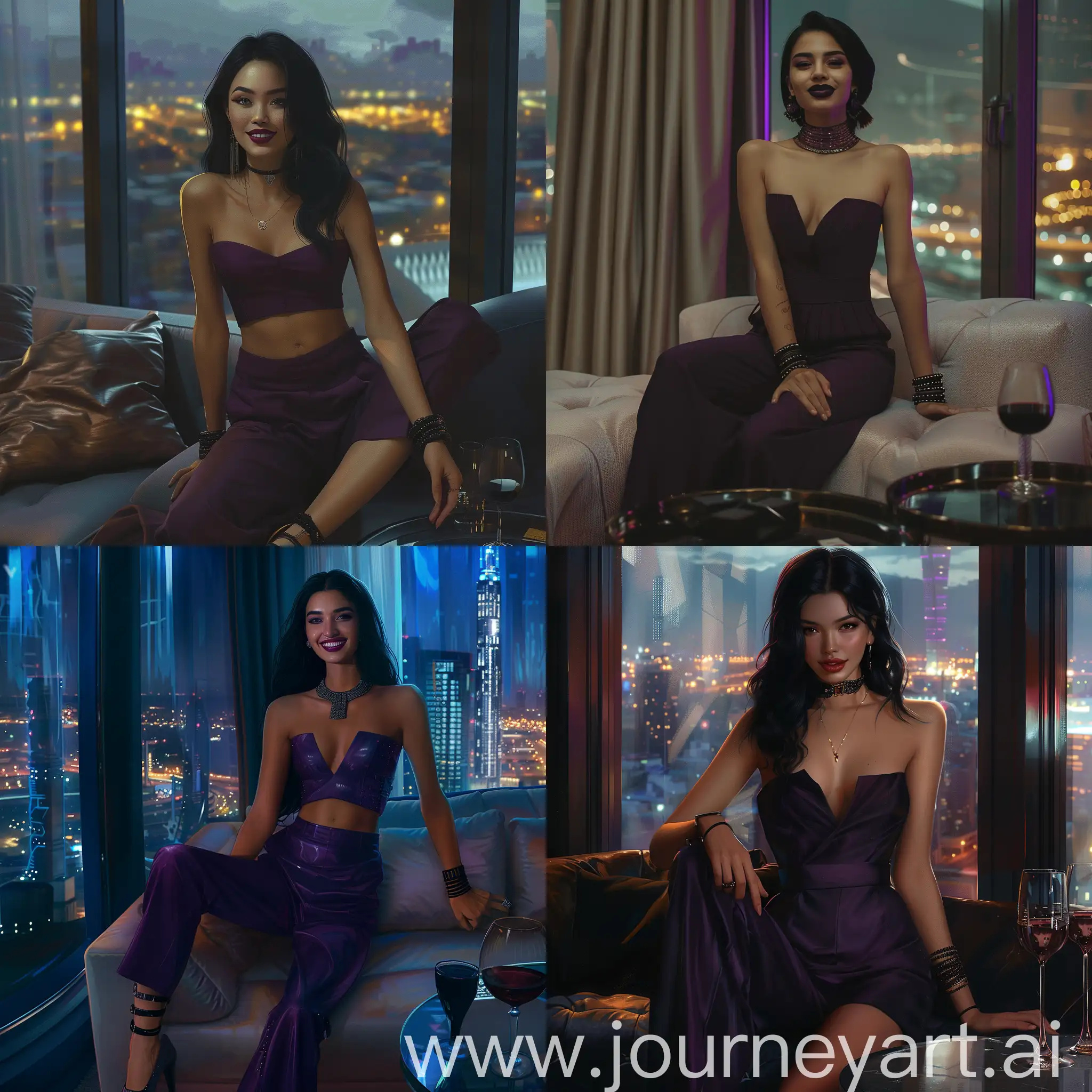 [Ответ]
  Нина Фомина, сегодня в 12:23
  Можно текст?)

woman casually sitting on sofa in modern and luxurious room with soft diffused lighting. She wears an exquisite dark purple strapless jumpsuit with a neatly tightened waist. The fabric feels soft with a slight sheen reminiscent of a silky or satin texture.long black hair, bold futuristic jewelry, dark lipstick, cheeky grin, black bracelets. Panoramic window with a view of the city of the future, a glass of wine on the table, night