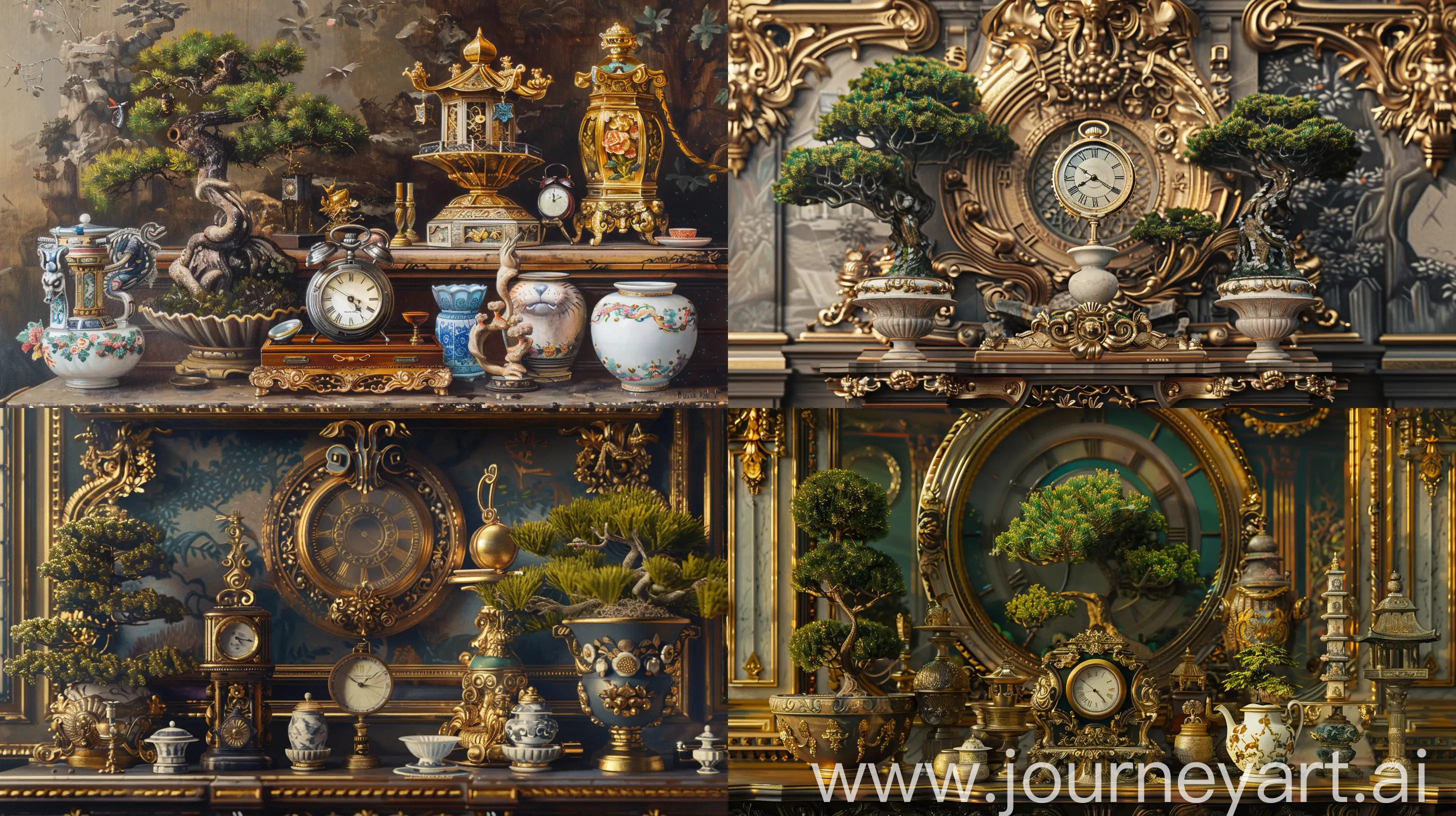 **elegantism, insane detail, painting masterpiece ,Extreme authentic decor , pocket watch, bonsai, porcelain, Corinthian Alabastron, perfect exact rendering, embellished and intricate architectural ornamentations,  Beaux-Arts architecture, many japan artifacts, gold, greebles::2 --ar 16:9 --q 1