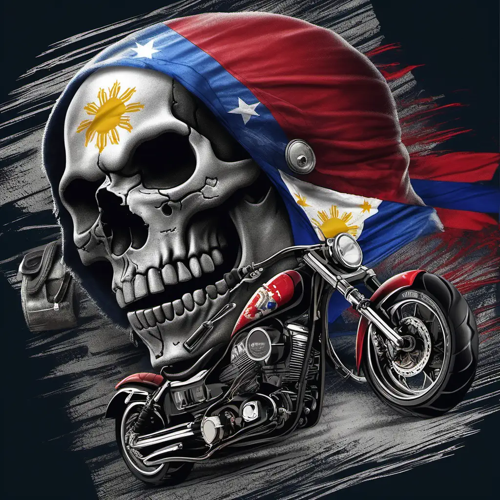 generate a photorealisitic t-shirt design with a skull, a motorcycle chopper style, and the filipino flag