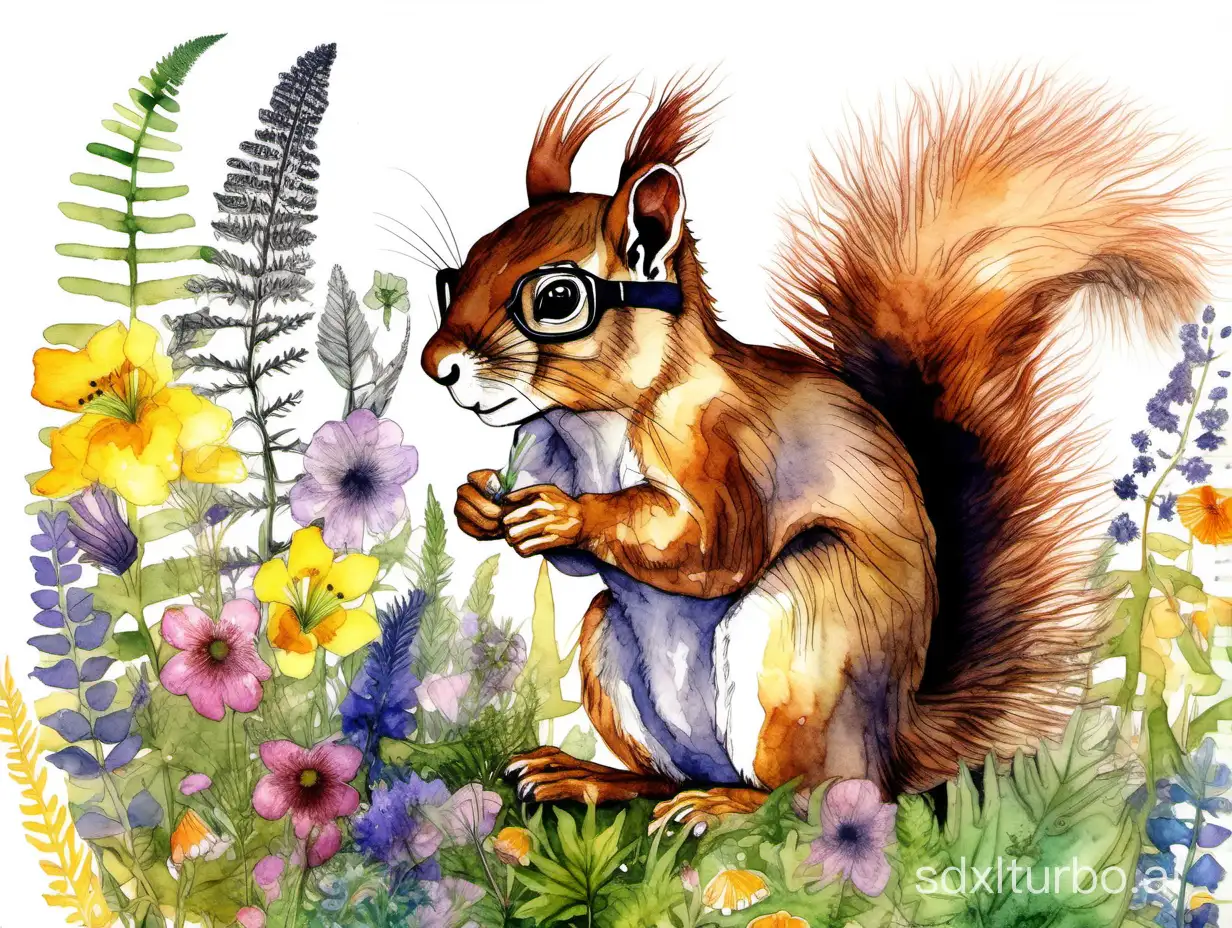 A disheveled squirrel with eye glasses sits in a blooming meadow, surrounded by wildflowers and fern, highly and delicately detailed drawing, intricate watercolor