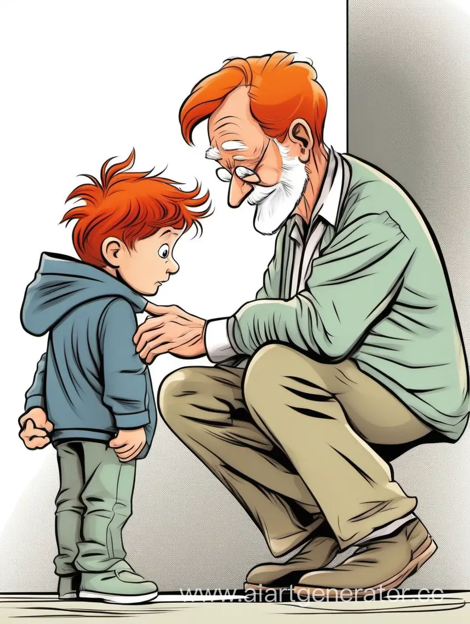 Рыжий дедушка смотрит на маленького мальчика, мультяшный стиль