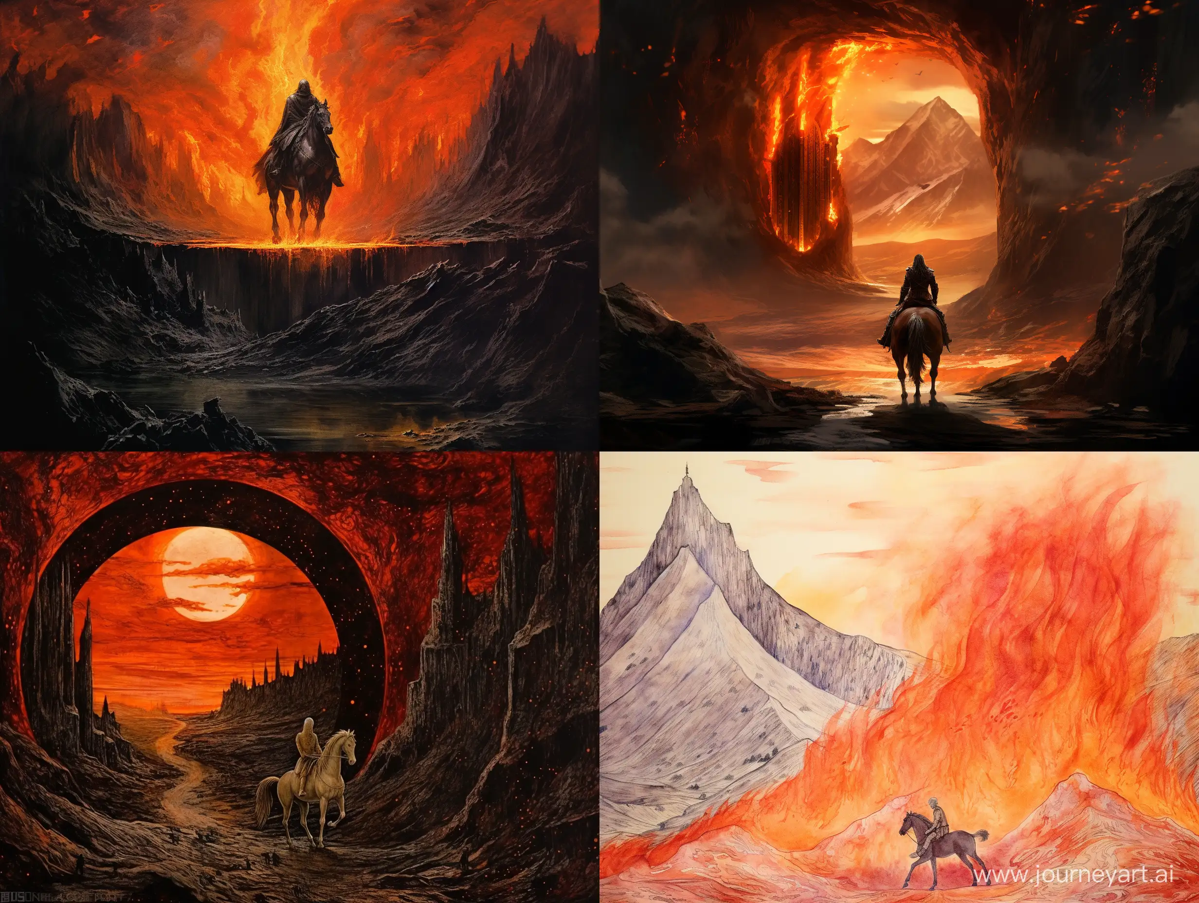 Sigurd-Contemplating-the-Fiery-Portal-atop-the-Mountain-with-his-Horse