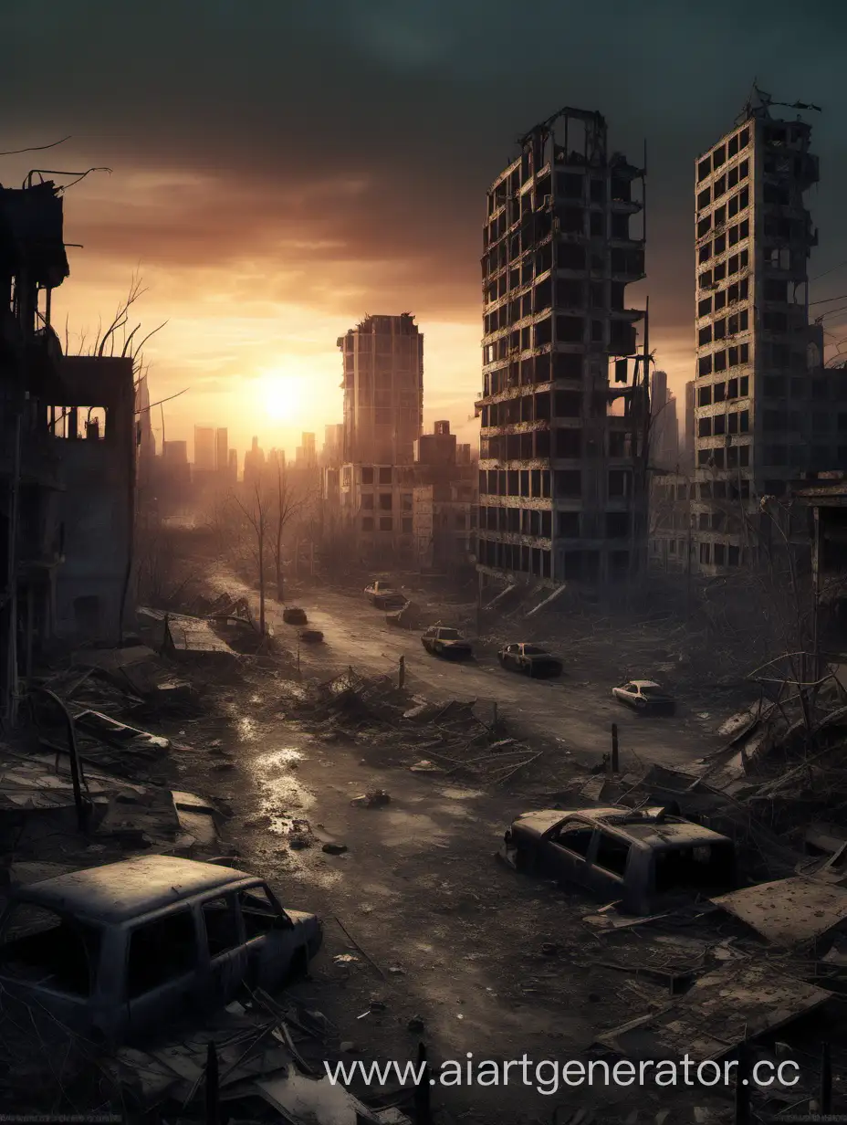 Развалины постапокалиптического города в сумерках