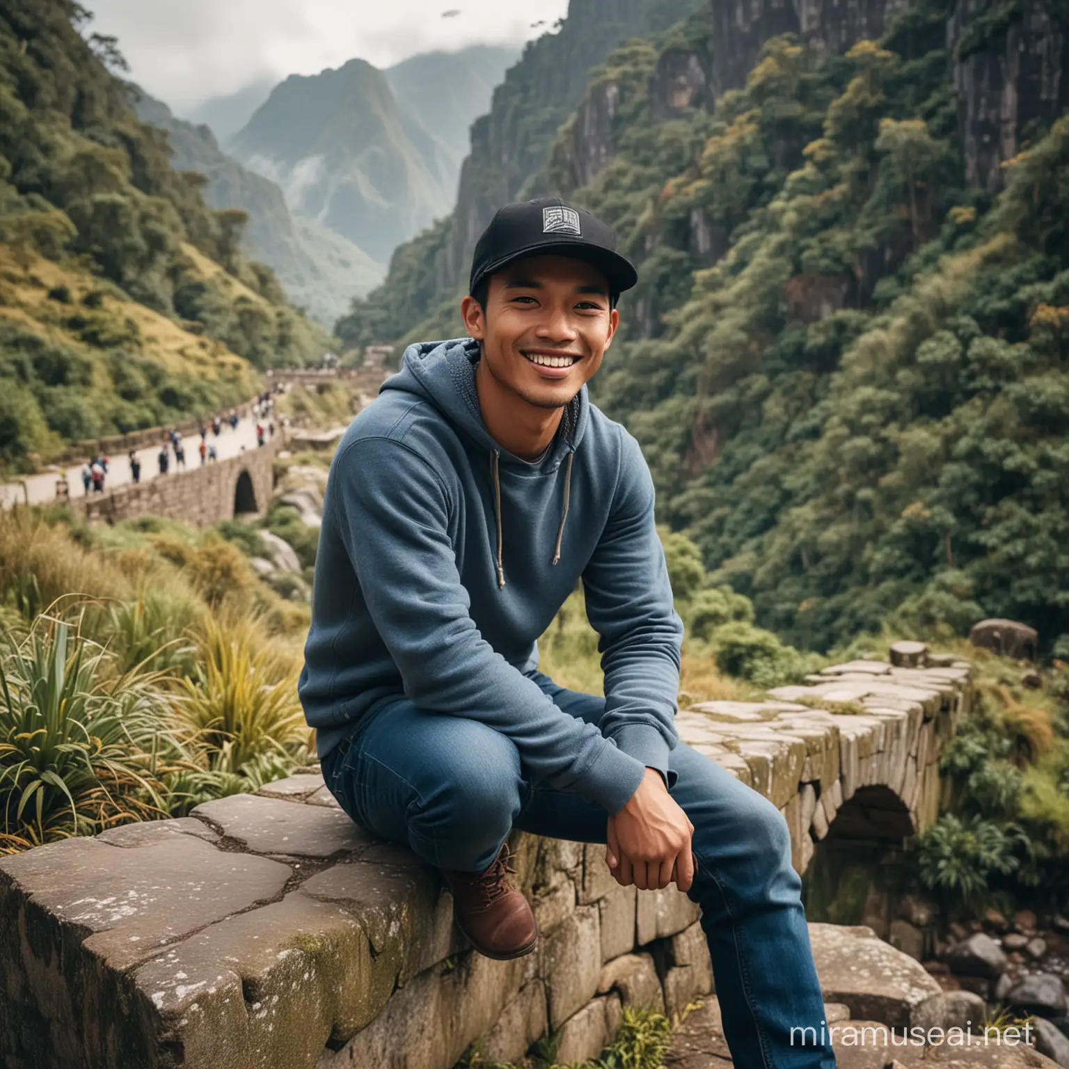 Se orang pemuda indonesia usia 29 tahun tersenyum, muka tirus memakai topi basebal hitam , tubuh agak kurus, switer warna abu abu, celana jeans biru sedang duduk di batu besar, latar belakang Pemandangan sedikit lebih tinggi dari jembatan batu kasar yang ditutupi lumut kuno yang kuat dan masih berdiri melintasi lembah berkabut hijau di hutan hujan. Reruntuhan menyerupai Machu Picchu di sisi lain jembatan, photografi, realistik, 8k