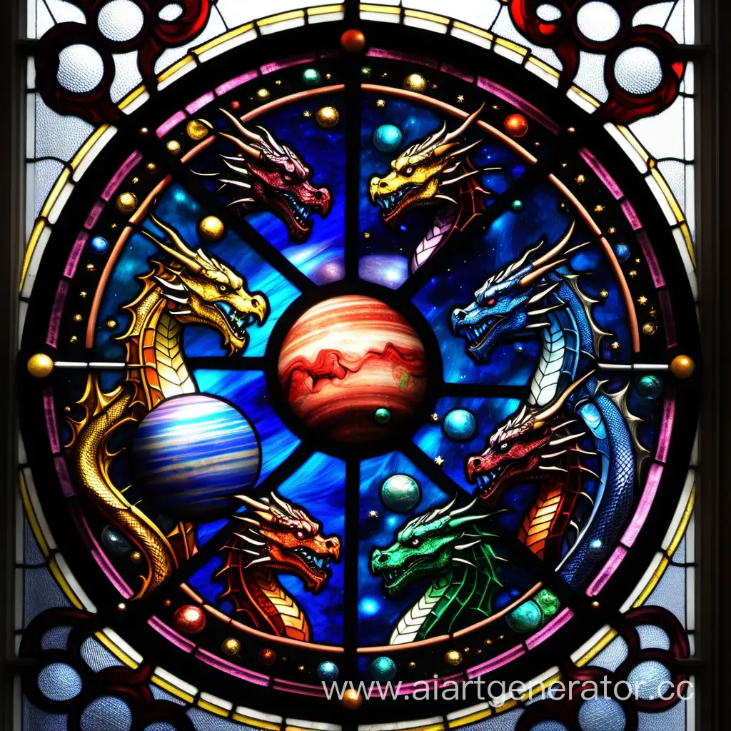 stained glass window, where five dragons create a planet in space 