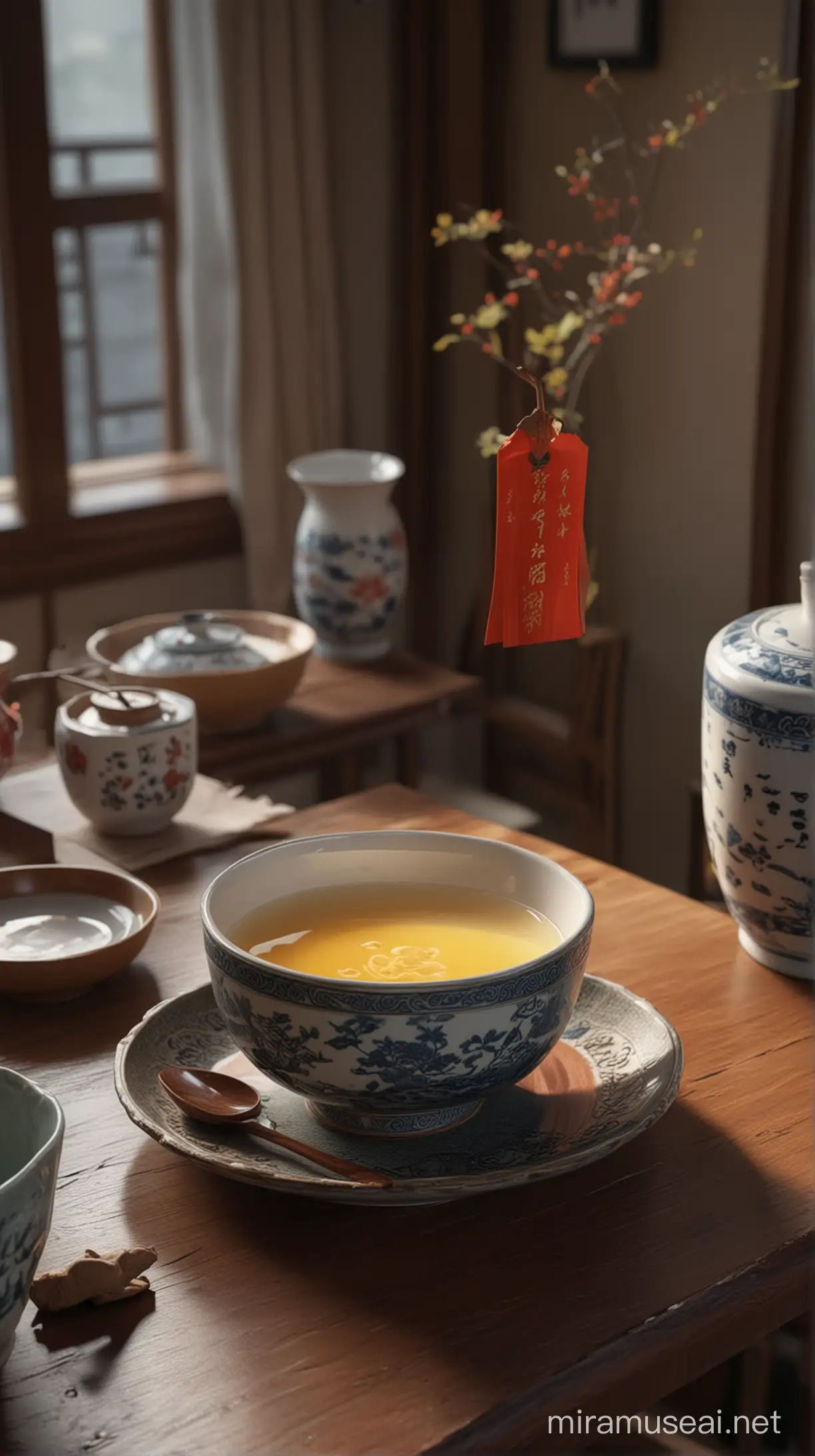 Realistic ChineseStyle Cup on Table with Petcore and Cabincore Elements