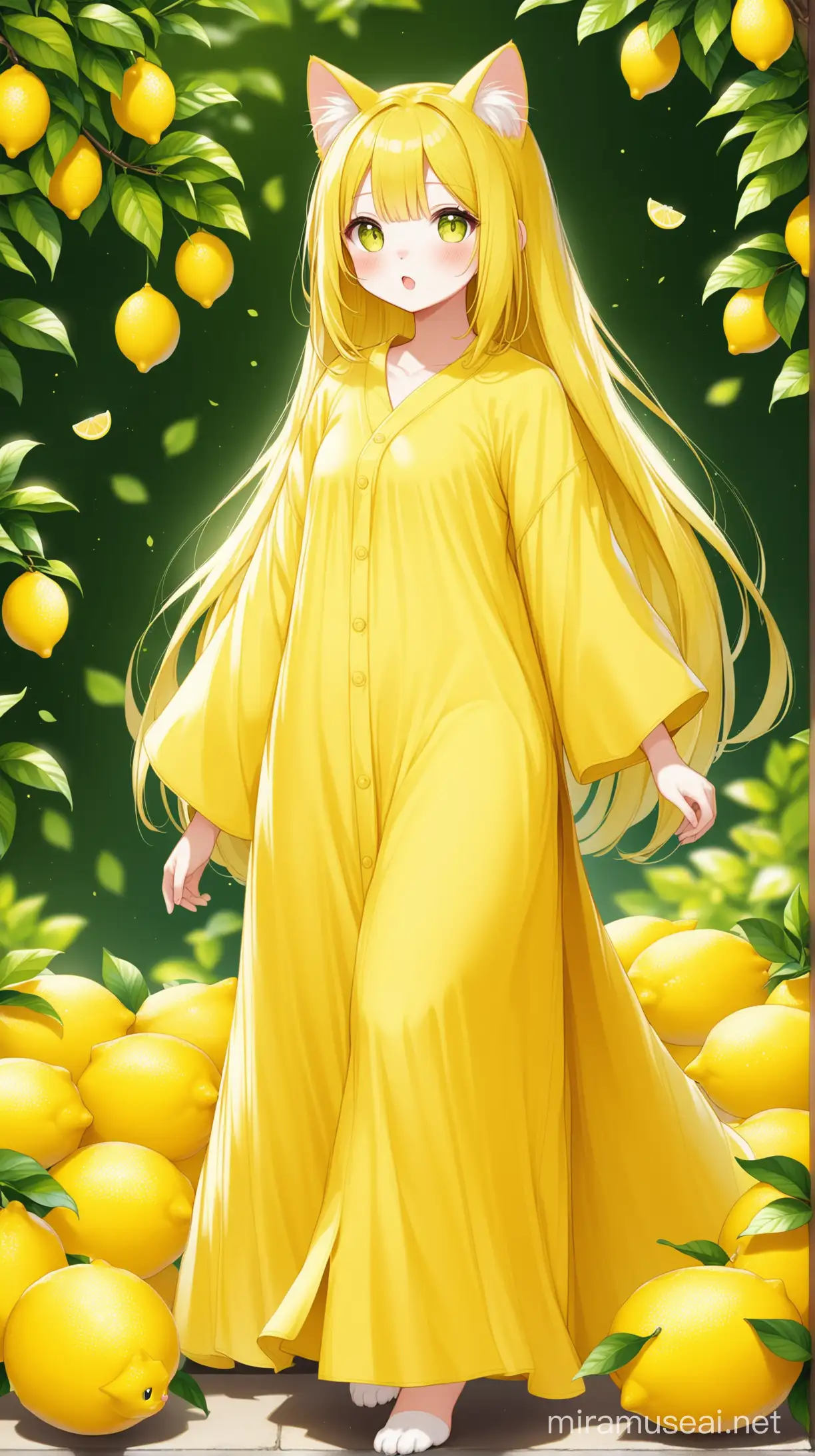 un chat humanoïde comme citron au cheveux de la couleur du fruit citron, porte de longs vêtements