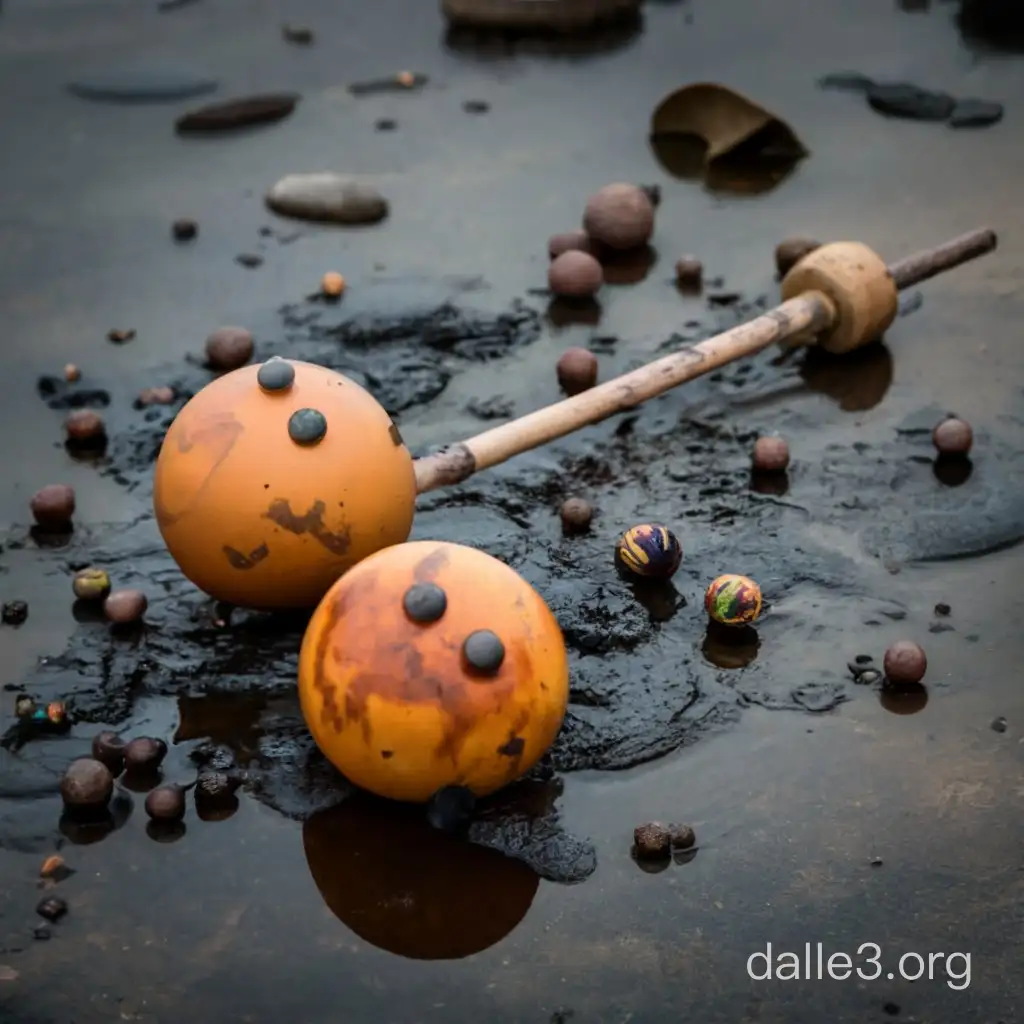 Toy clackers, the kind with two balls attached to a stick, laying in a puddle of mud. War photography