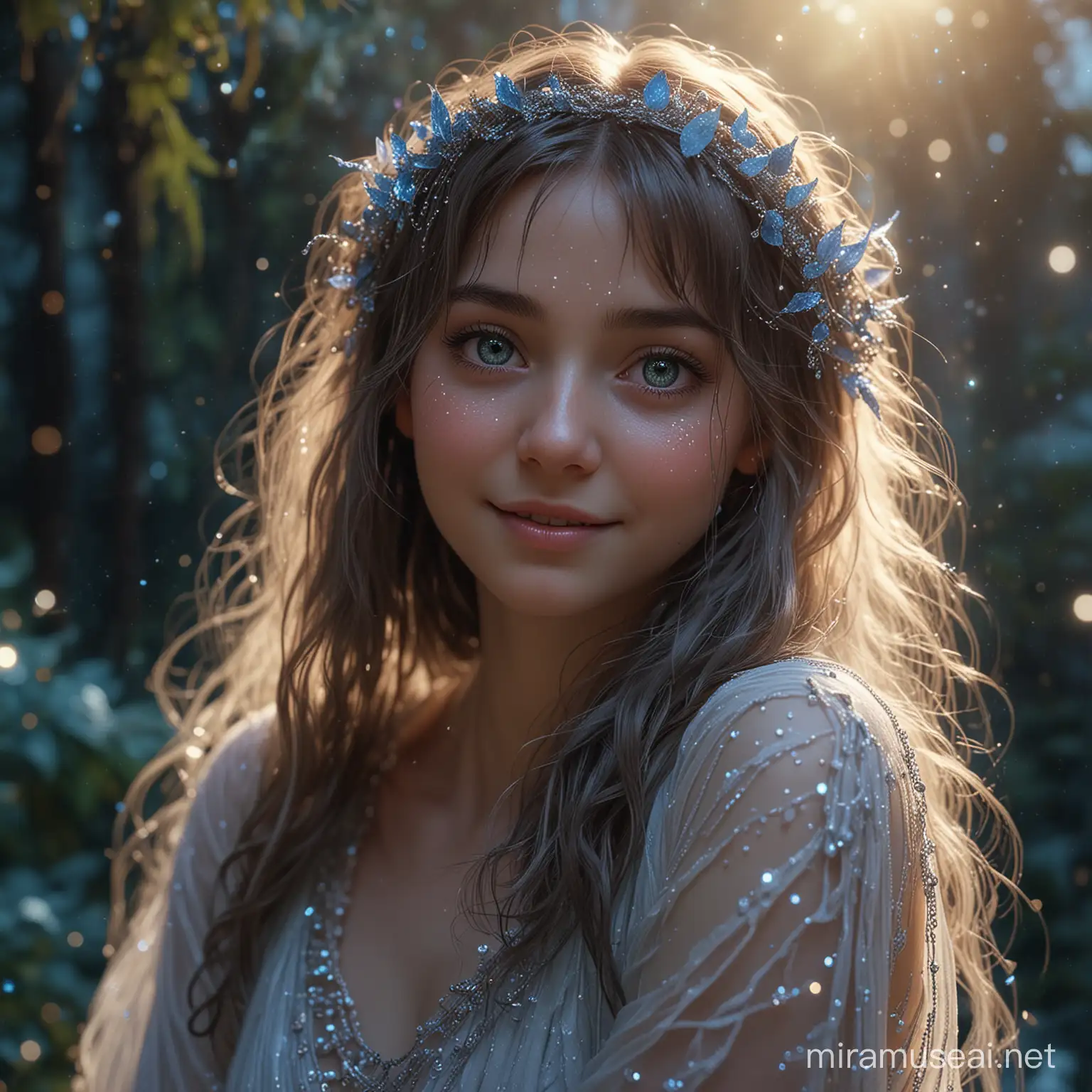 Ethereal Spirit with Mischievous Smile in Cinematic Fantasy Landscape
