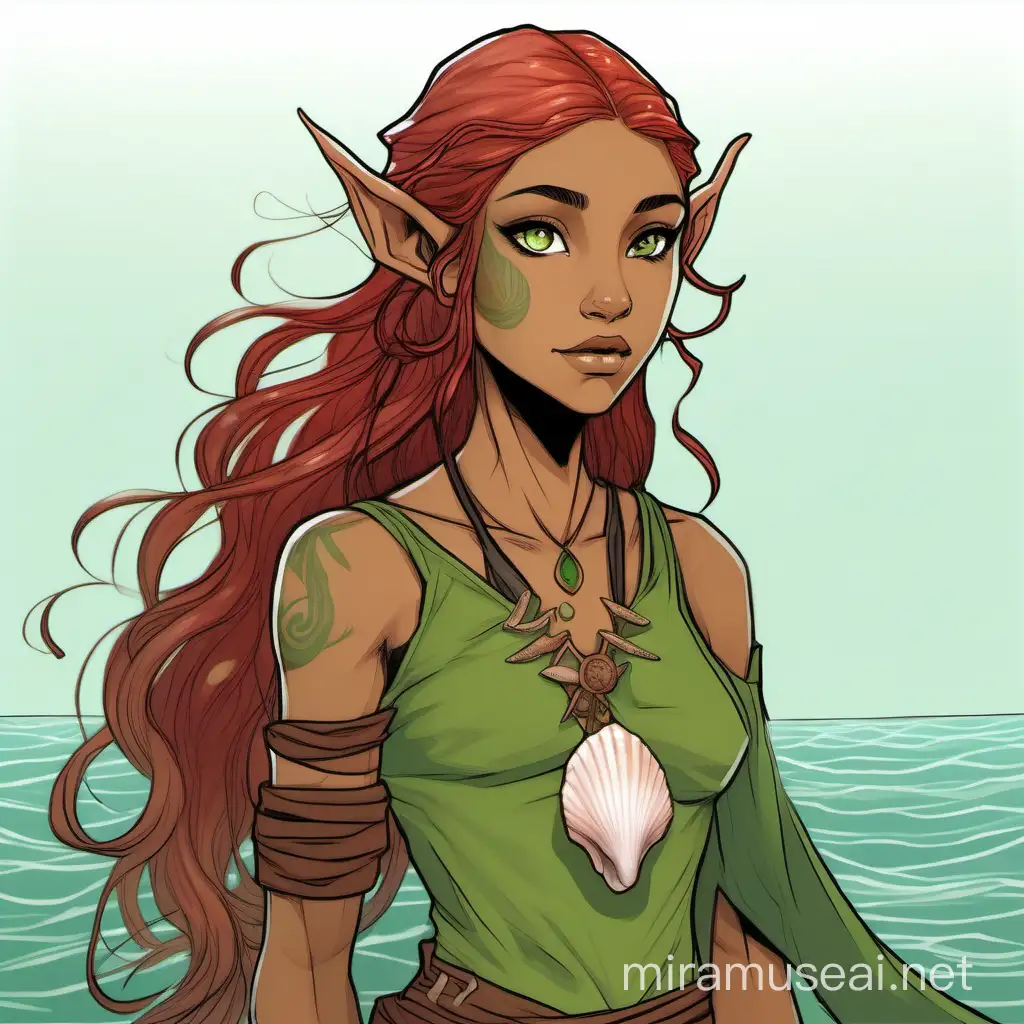 young female half sea elf with tan skin and red-brown eyes, long wavy light green hair with seashells, skinny body, flat chested, wearing an green amulet, and brown torn tunic