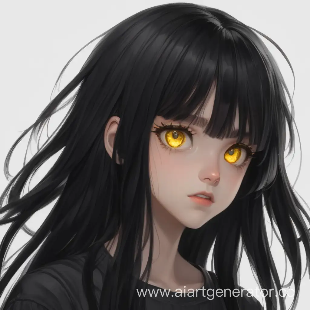 A girl with waist-length black unruly hair and amber-yellow eyes