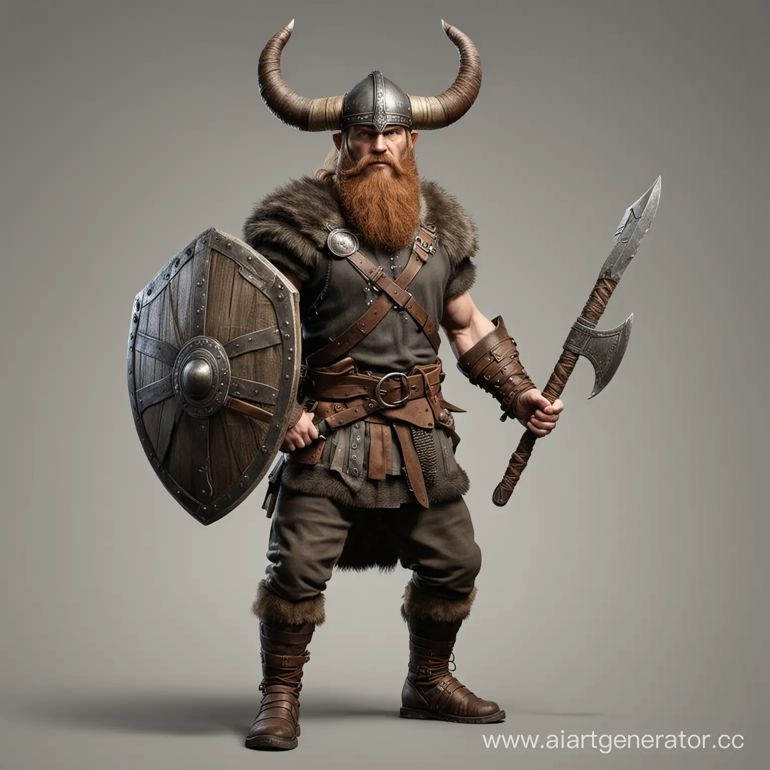 Draw a realistic Viking in a helmet with horns, a battle axe in his right hand, and a shield in his left, draw him half-sideways to us and in PNG format.