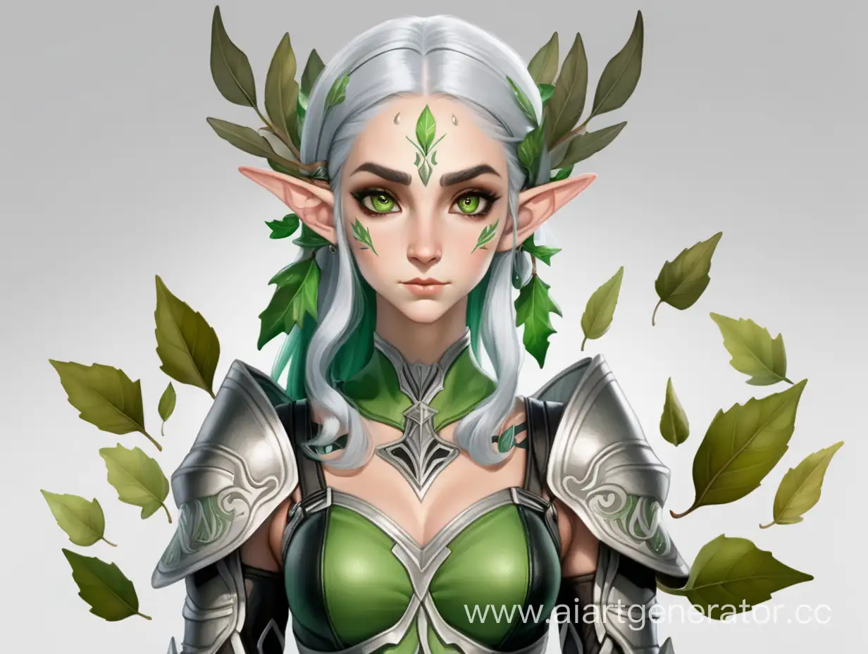 elf woman. she has green fabric leaves for hair and wears leafy attire with black tights on a white background. she is wearing leafy green and has white hair with some gray on her head, full length, she wears dark brown long socks that cover half of one leg and black shoes. her eyes have silver irises, she also sports pointed ears and many fabric leaves sprout from behind them. her skin color resembles olive tree branches, her face features a kind facial expression. she looks like she would be friendly to all who cross paths with her. she has green hair and wears fabric leaves as . she is wearing leather long socks with long sleeves that cover her feet. leather armor on shoulders, knees and forearms