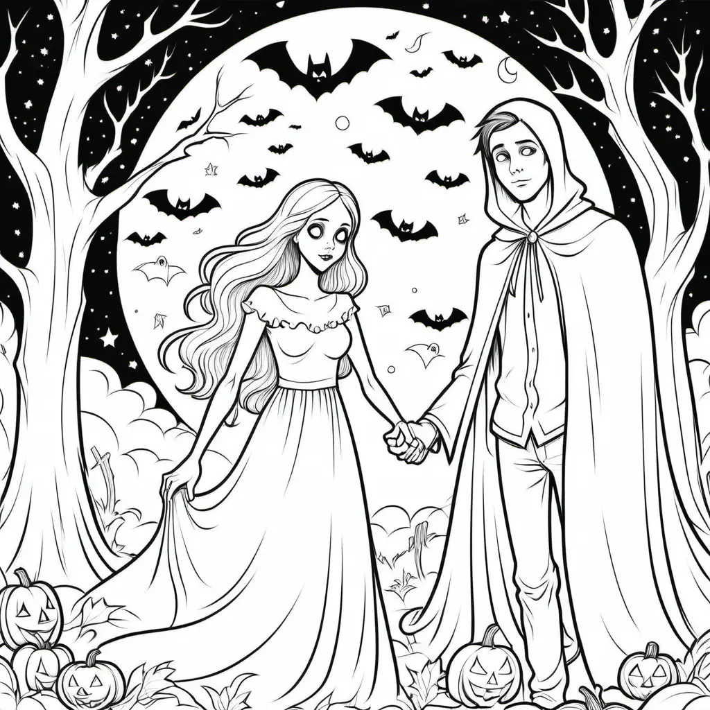 simple black and white halloween coloring book of teenage boy dreaming of ghost girlfriend
