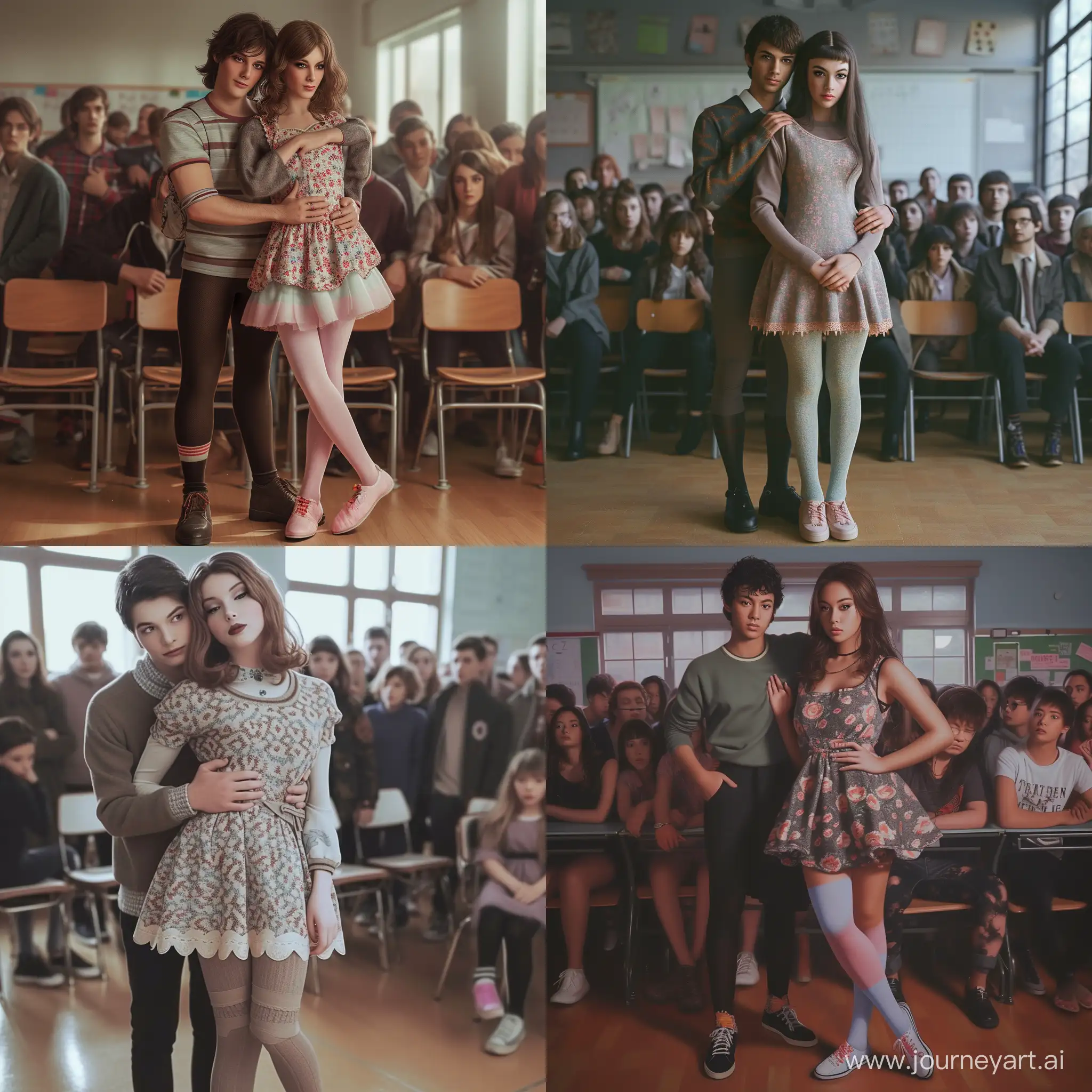 photorealistic, transgender girl ,in school, outfit contains cozy dress and tights,looks girly,  little makeup, looks shy, with cool boyfriend that puts arm on her waist, in full growth,in classroom, a lot of people behind, everyone looks on a couple, girly shoes, looks pretty and clean, transgender, photo, real