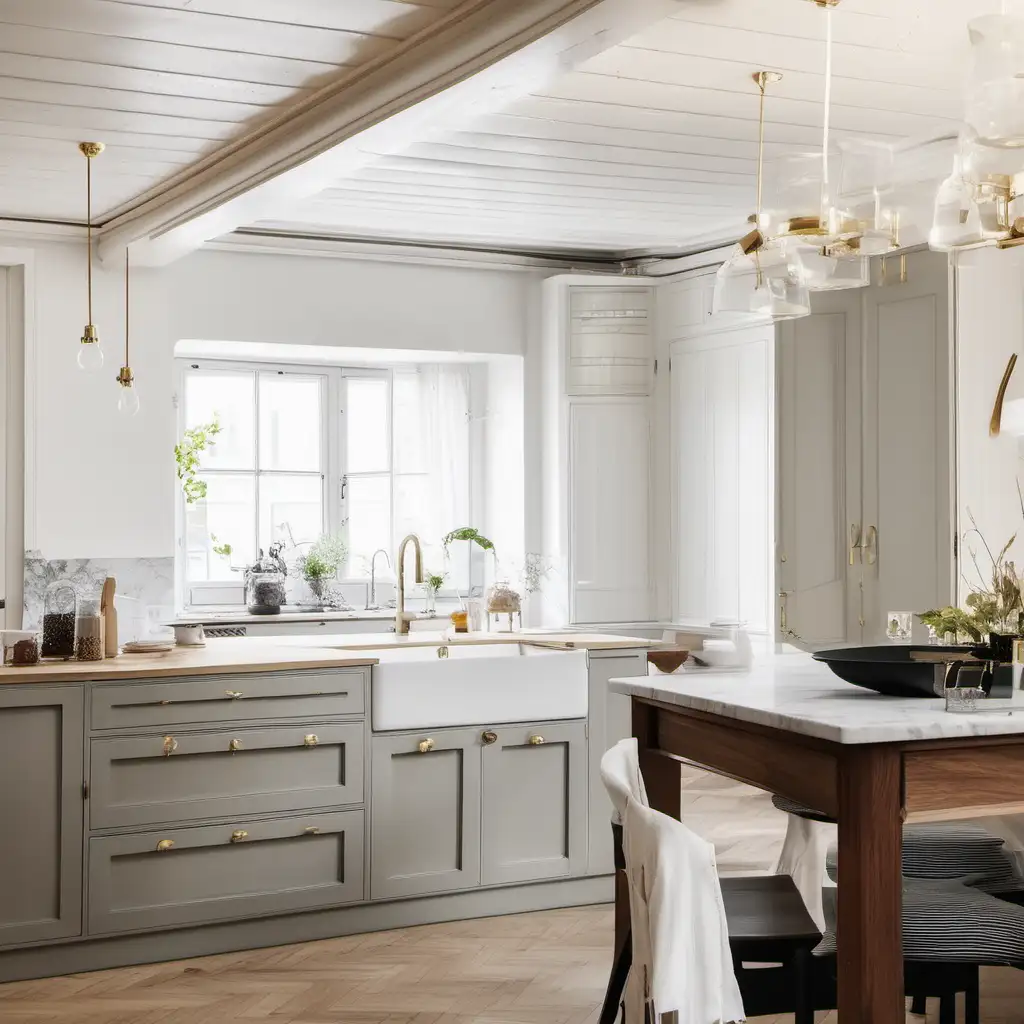 Gör en inredningsbild på ett kök en våning i Stockholm. köket ska vara svensktillverkat kvalitetskök i skandinavisk design. Ett klassiskt Shakerkök, i det vackra och luftiga rummet med högt till tak och i ögonfallande stuckaturer med vackra detaljer i mässing, marmor och ett vackert vitrinskåp med luckor i trä. Bilden ska vara skarp, inte suddig
