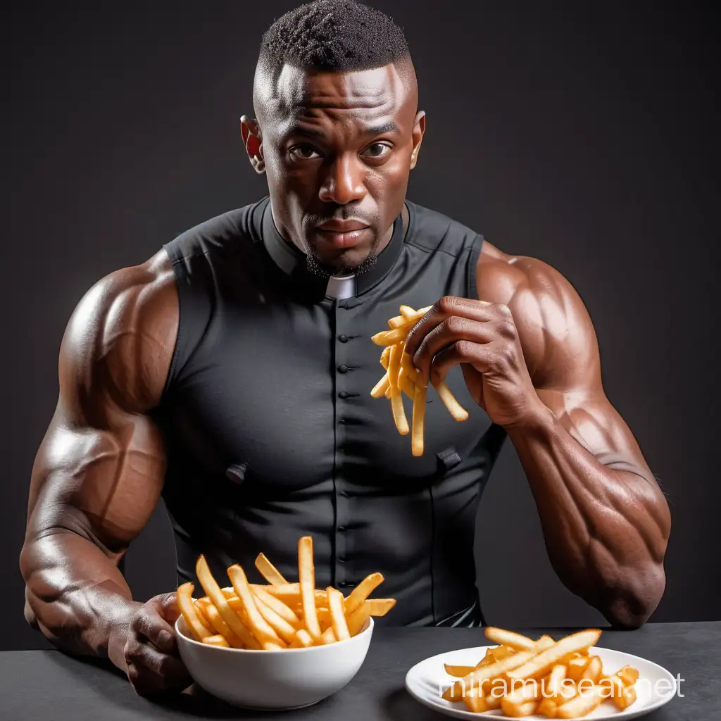 Muscular Black Priest Enjoying French Fries