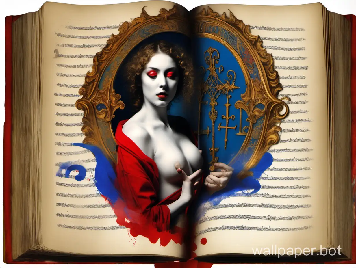 женщина обнажённая раскрашенная вполовину красным вполовину синим раскрытая книга с таинственными знаками барокко