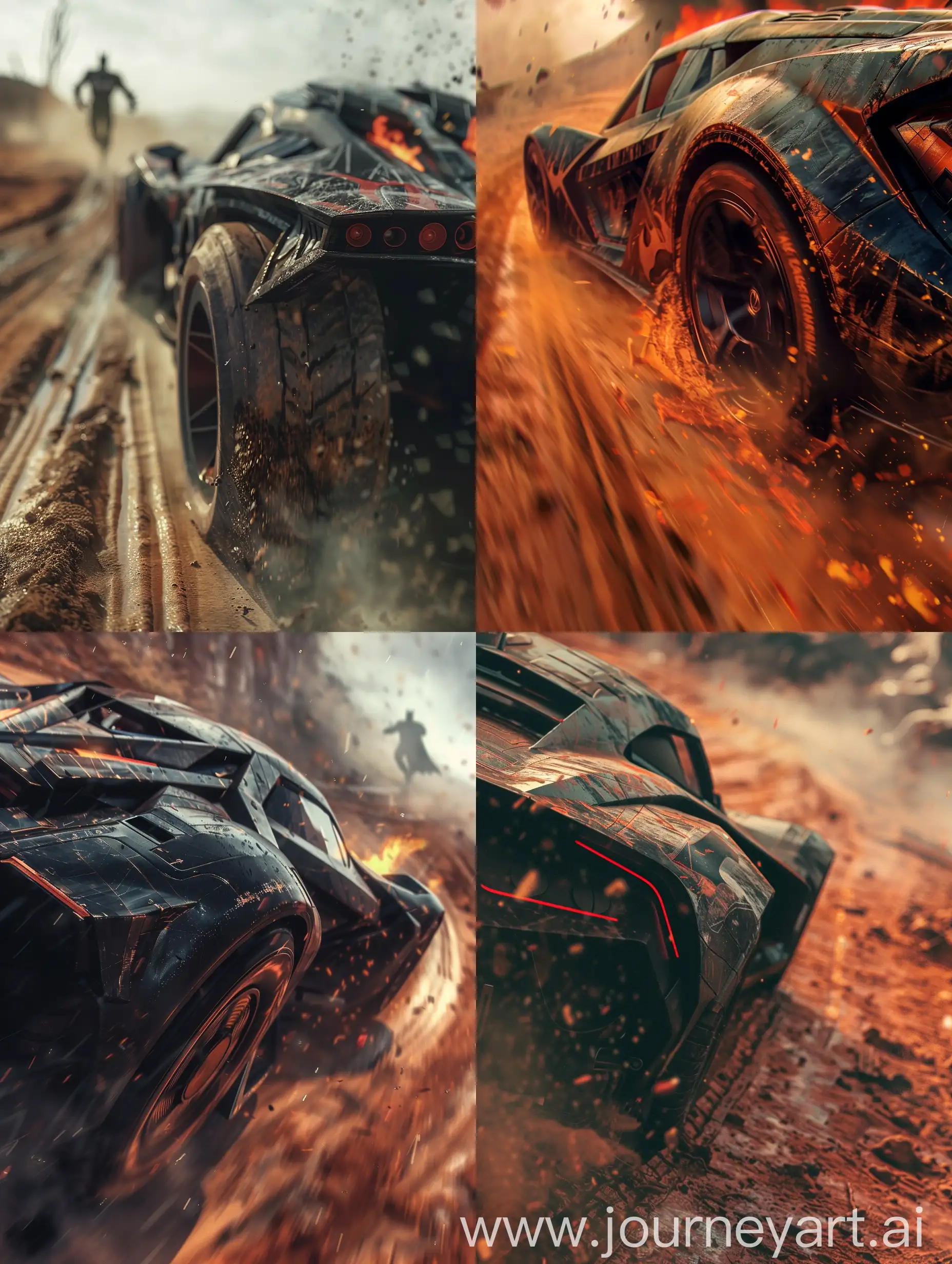 a close up of a car on a dirt road, in batman : arkham knight, colourful movie art, official render, fast paced, burning man, film still of batman, car chase, animated movie still, wasteland, imax render, movie poster with no text, automobile, stride