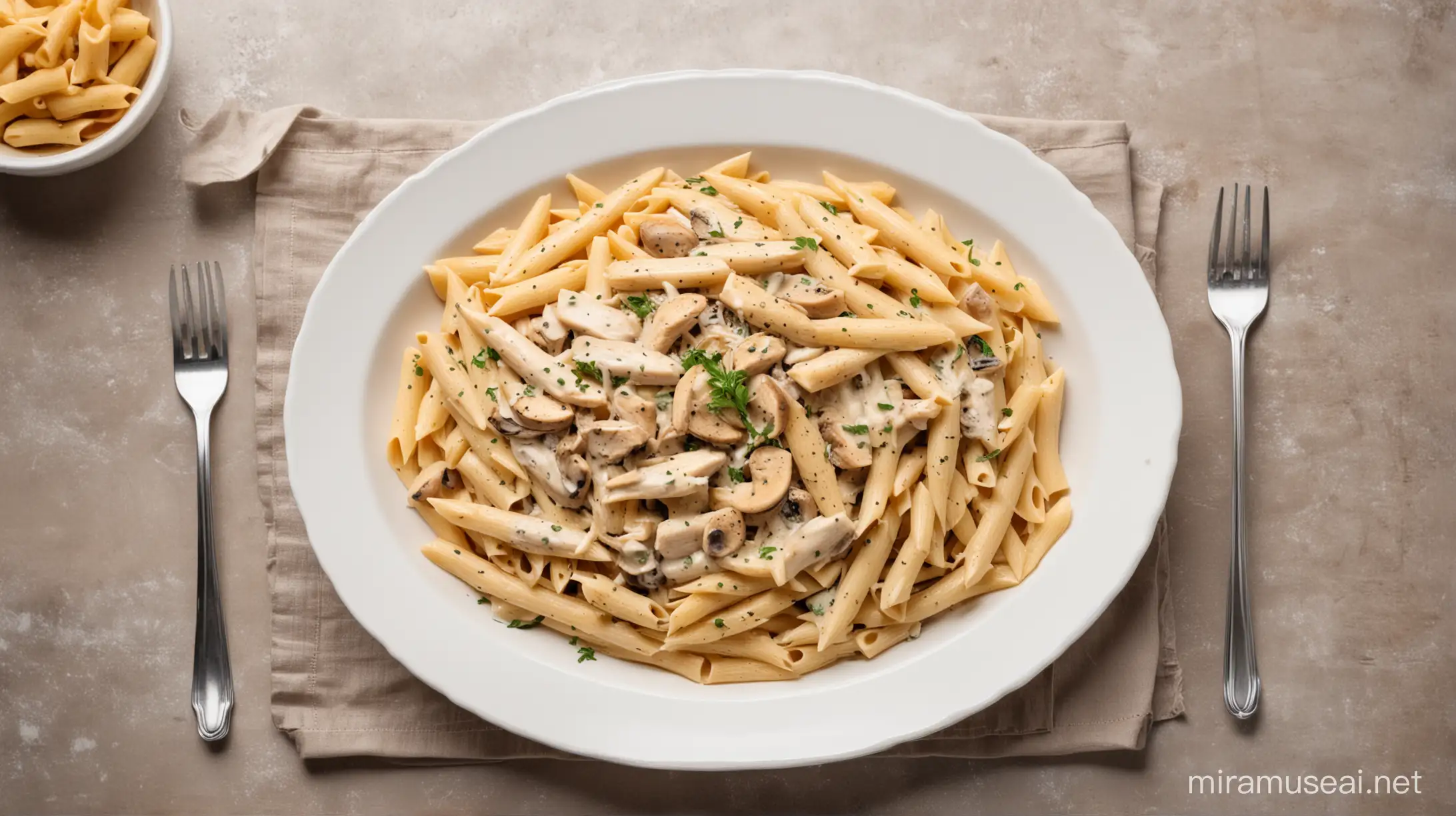 Penne alfredo pasta with chicken and mushroom in white plate top view