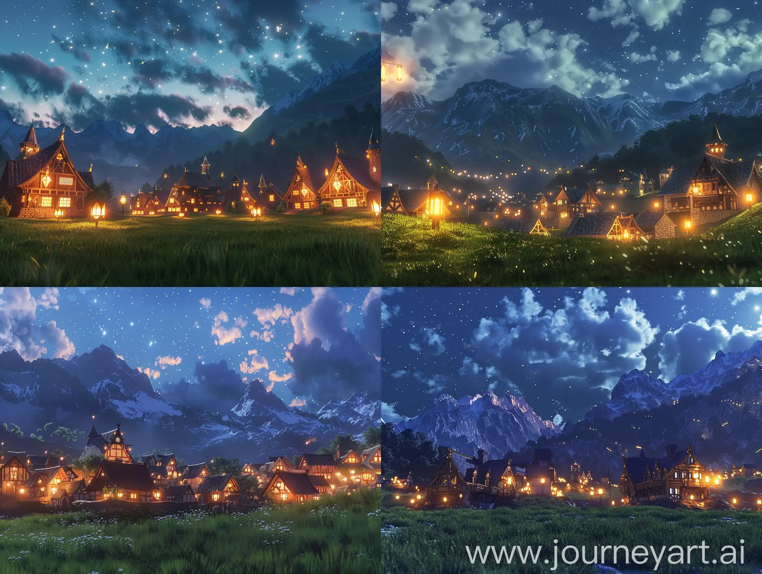 On grassy land with mountains behind it, there is a village lit by lanterns. The houses are built in an old European style, and the village is illuminated in the calm of the night.  The sky is filled with a few clouds, and the night is full of stars.