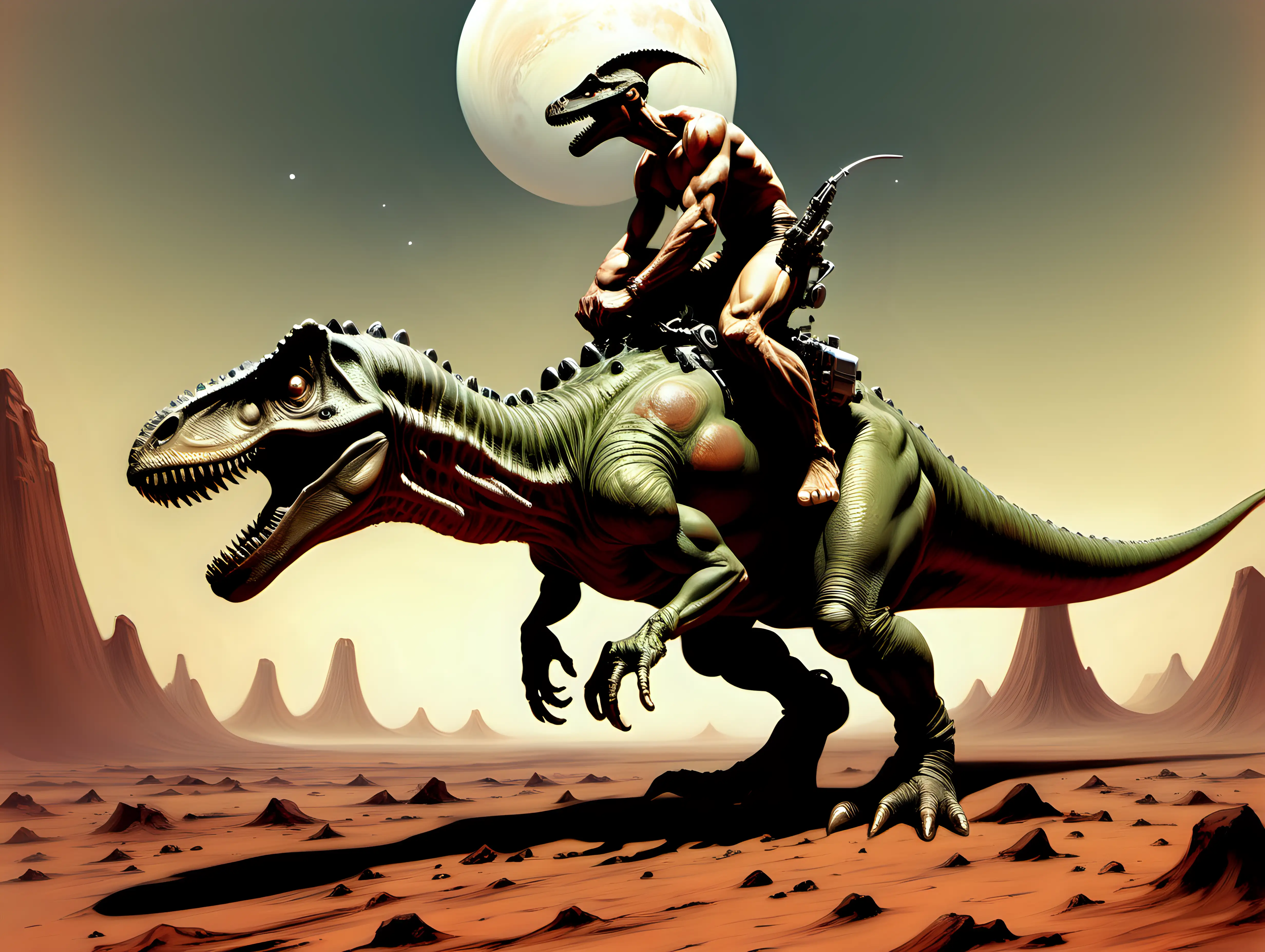 man on the back of a dinosaur stuck on Mars
Frank Frazetta style