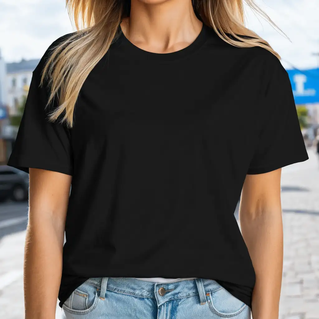 blonde woman wearing bella canvas oversized black t-shirt mockup, street background