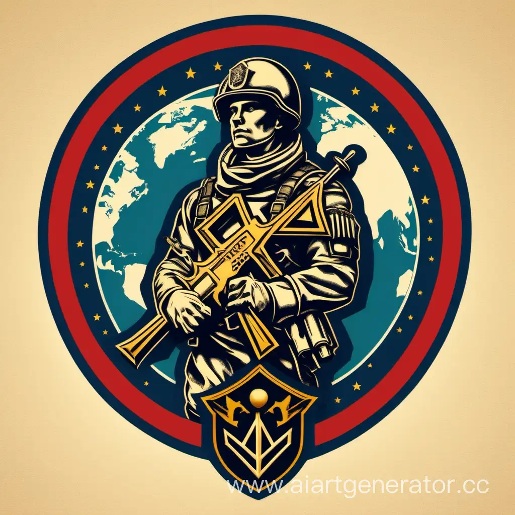 Эмблема в форме военных шевронов с изображенным на ней солдатом держащим ключ как рыцарь, на заднем фоне планета земля