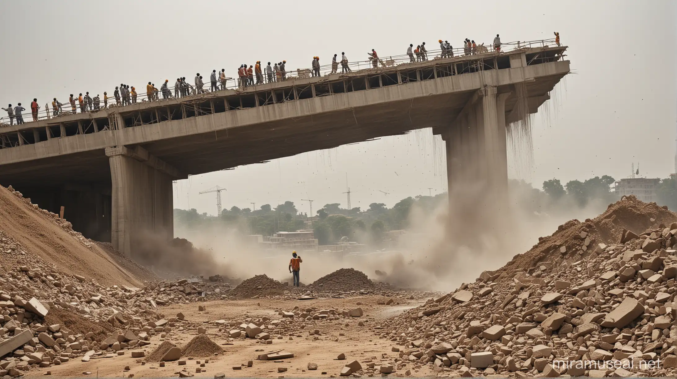 Capture a moment of disaster and aftermath: Illustrate the scene of an under-construction bridge collapsing in India. Show the bridge structure in mid-collapse, with debris falling and dust rising. Include workers and onlookers in the background, showcasing the chaos and urgency of the situation. The image should convey the destruction and impact of the collapse, highlighting the need for safety measures in construction projects