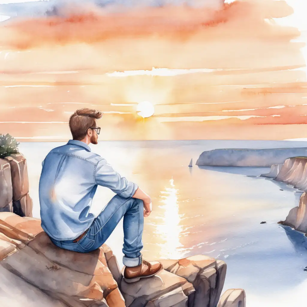 Man in Casual Attire Contemplating Sunrise on Cliffside with Watercolor View