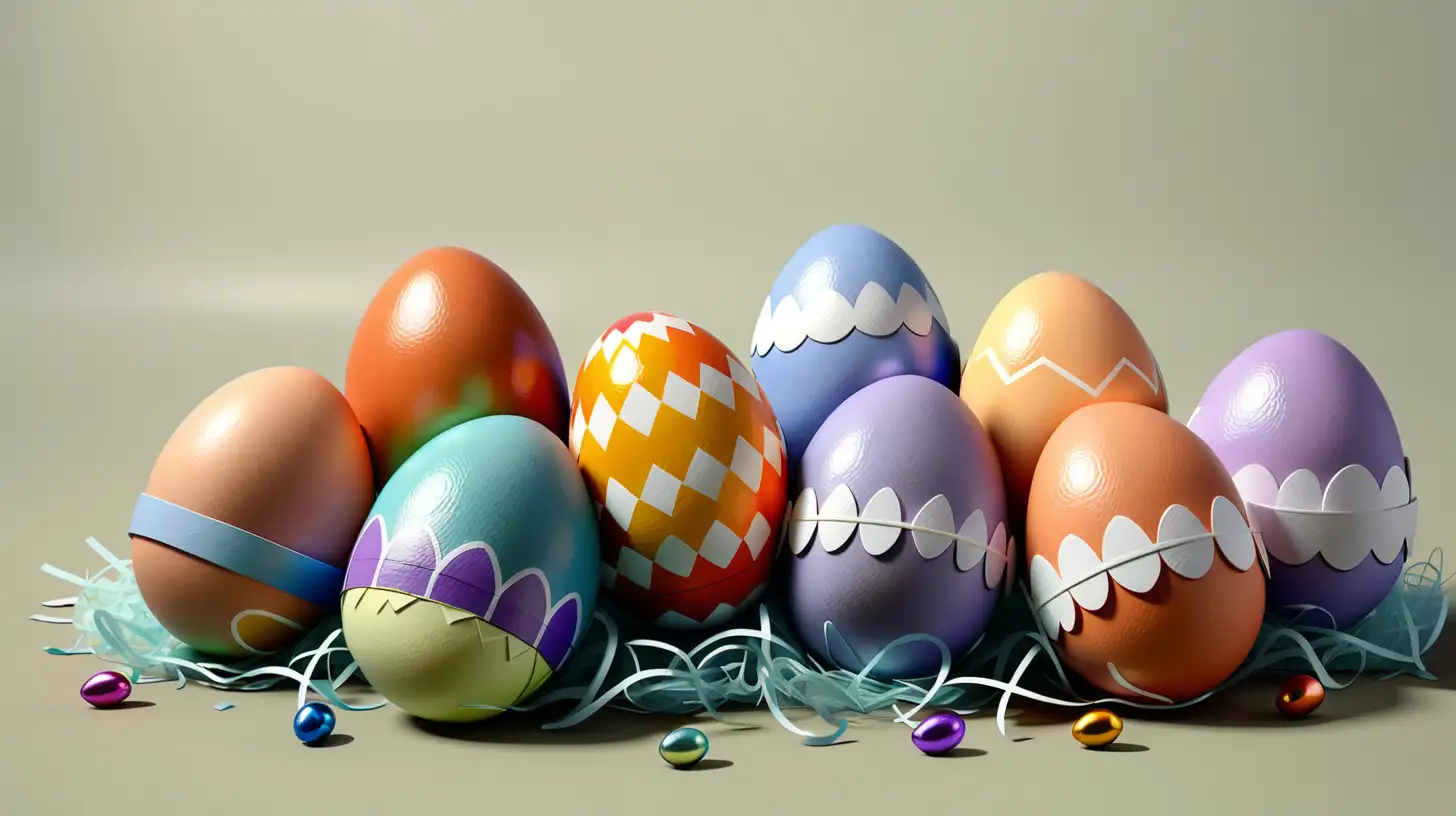 Four big Easter Eggs and four small Easter Eggs in all colors lying on the ground, blank transparent background