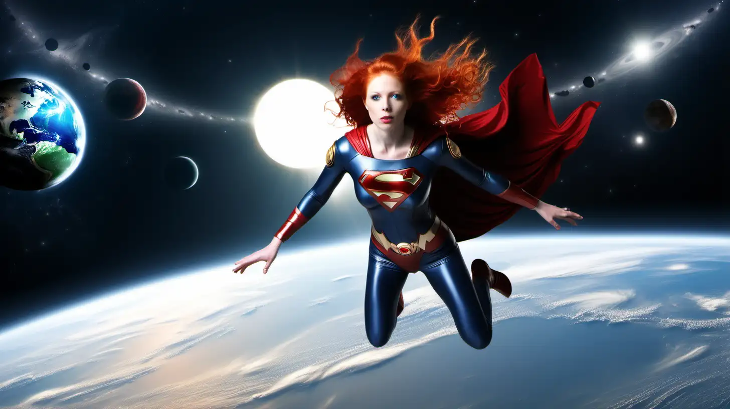 create a special picture of space planets in partial eclipse, rings, moons, suns and in this universe create a beautiful young redheaded woman in a superwoman suit flying towards planet Earth
