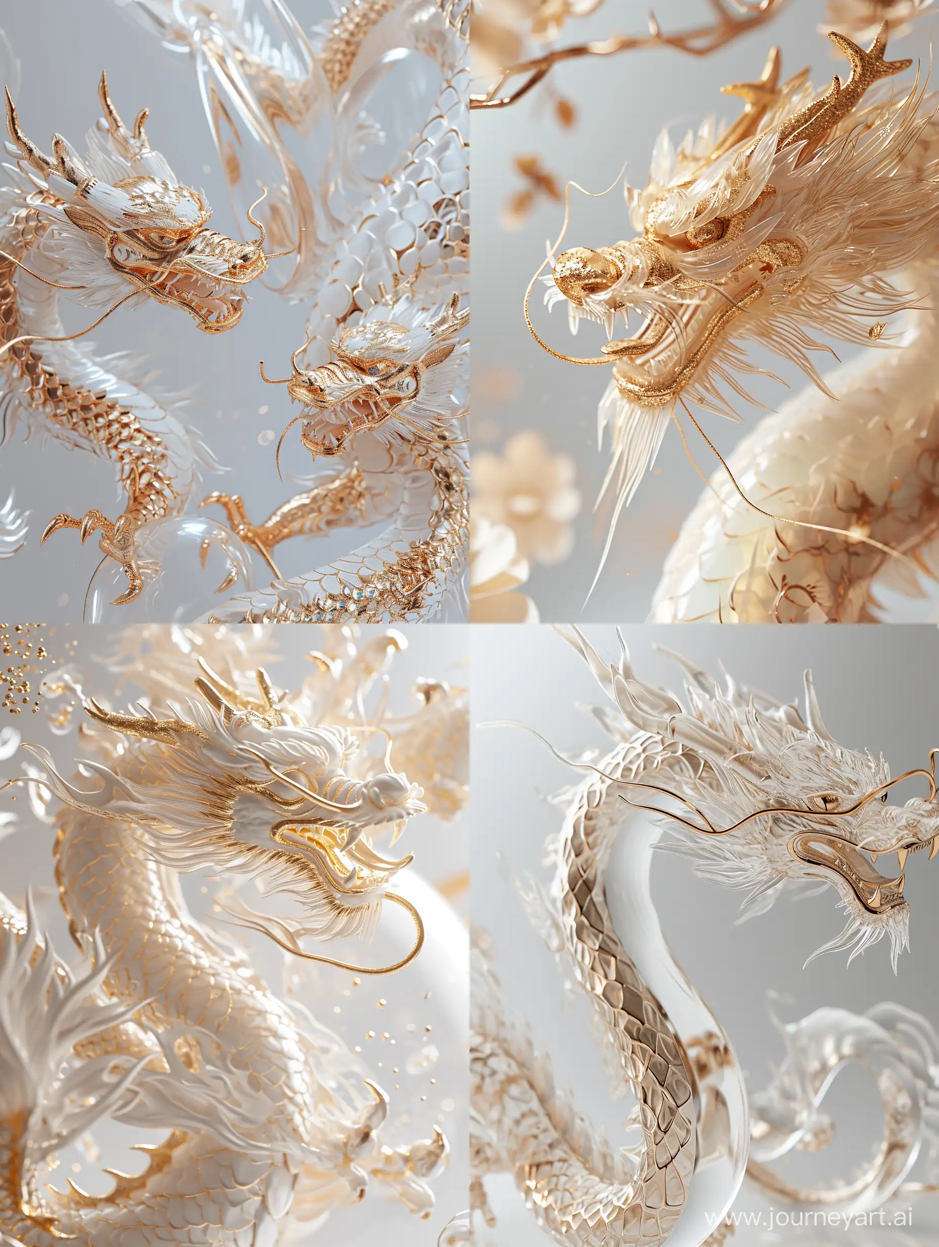 close-up, Chinese New Year, auspicious Dragon theme, abstract minimalist dragon design, subtle gold on white, clear background, C4D OC render style, soft natural lighting, simple and elegant space.