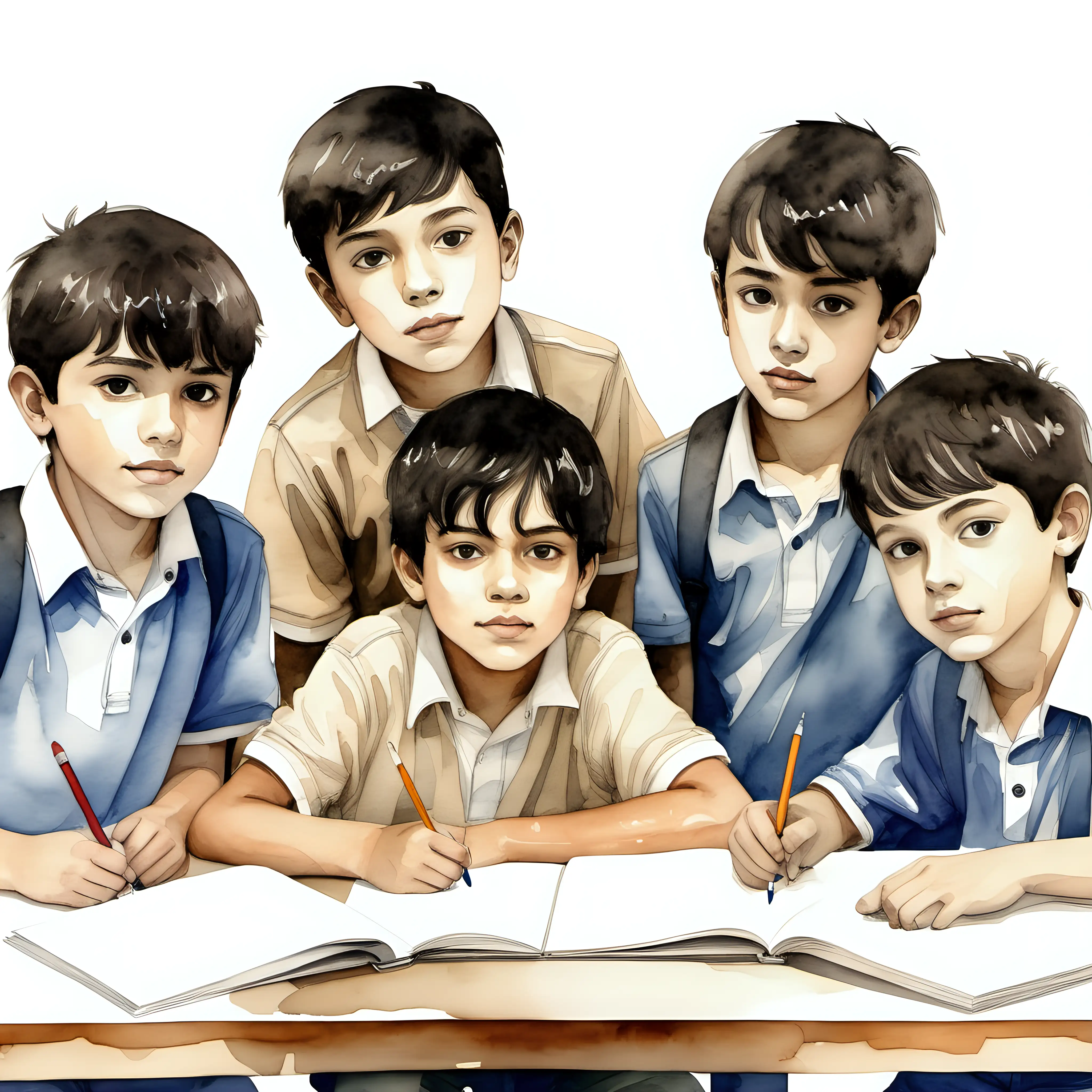 an image of watercolored a dark hair,beige skin, group of boys in a classroom,  against white background,beautiful art