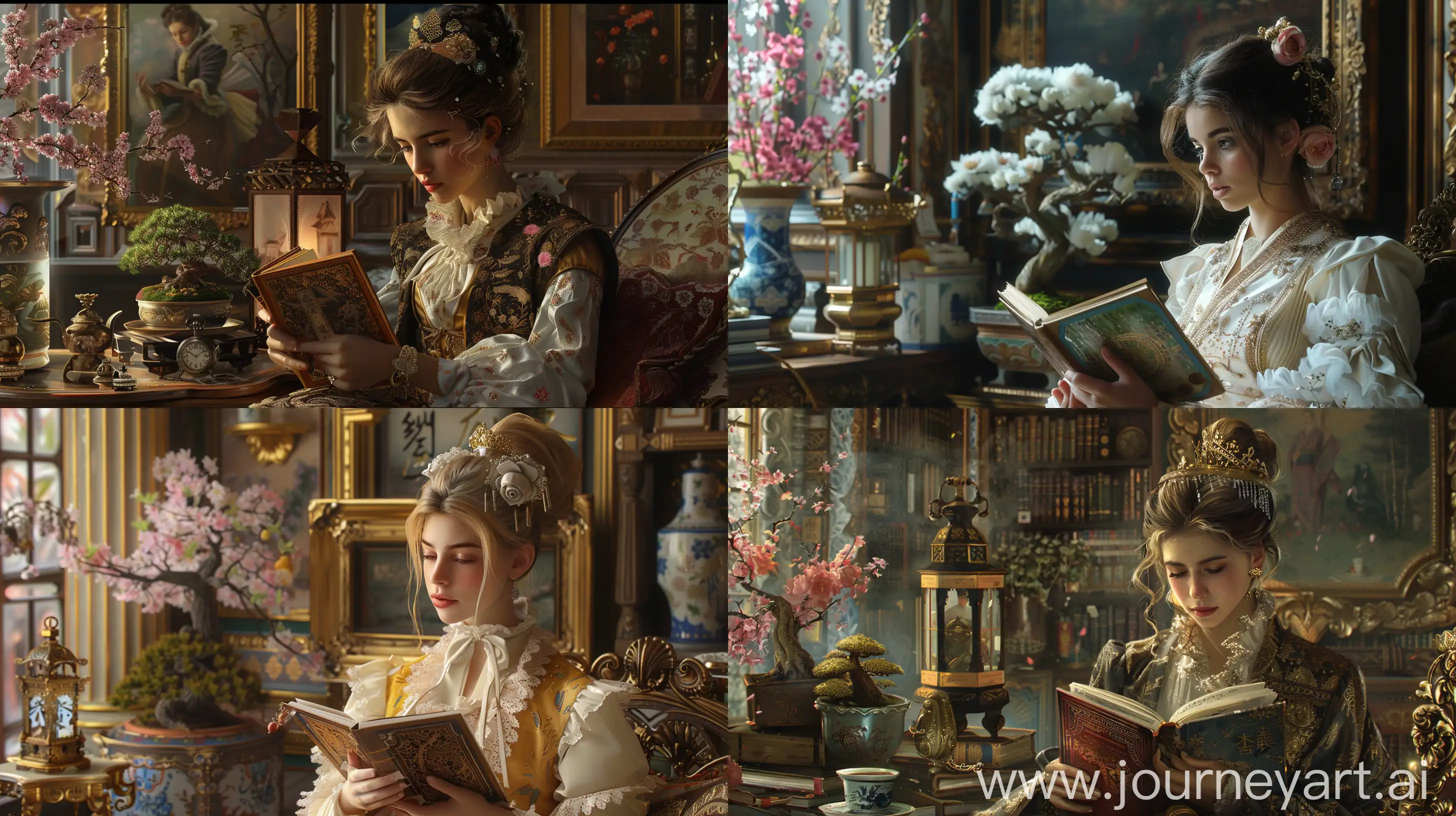 **Mckenna Grace in a classic European outfit is reading a book, its background is a room with elegantism, insane detail, painting masterpiece ,Extreme authentic decor , pocket watch, bonsai, flower, lantern, porcelain, corinthian alabastron, perfect exact rendering, embellished and intricate architectural ornamentations, many Japan artifacts and architecture, gold, greebles::2 --ar 16:9 --q 1