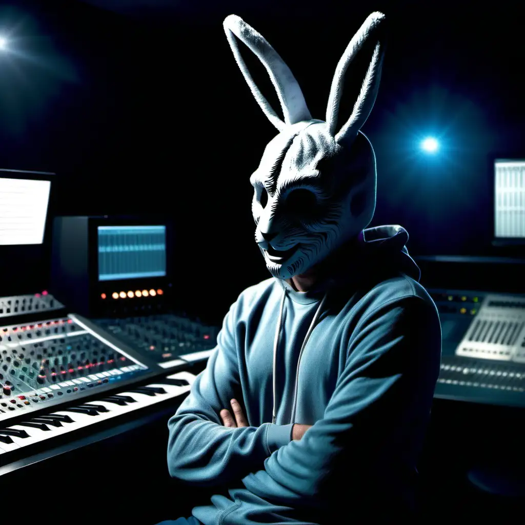 donnie Darko movie style, man in bunny mask, reflecting with provocative thoughts, in a dark high spec music studio