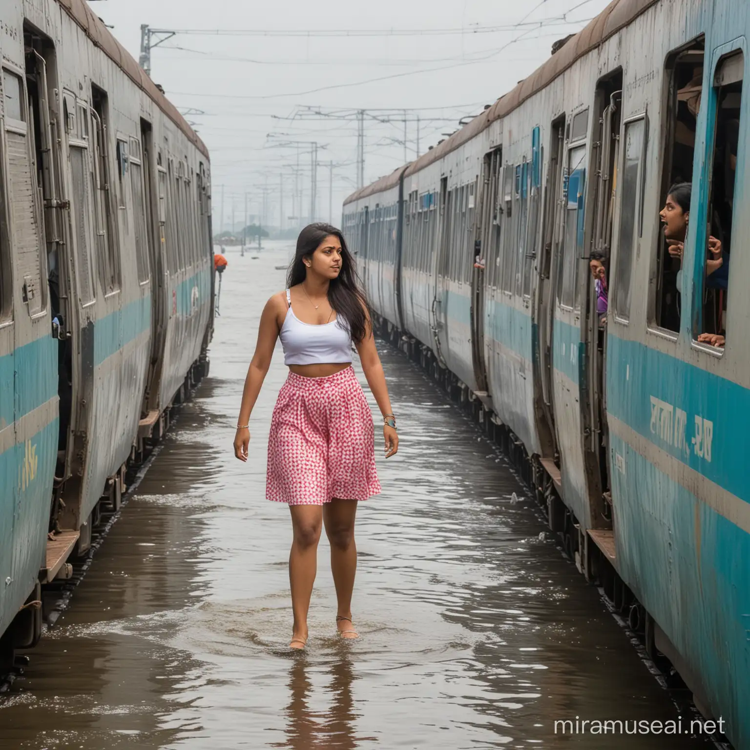 two mumbai local trains passing each other when one new girl with a confused look standing between the two locals is looking at one of the trains while she is standing on water above her ankle length with a background of mumbai sea link and marine line