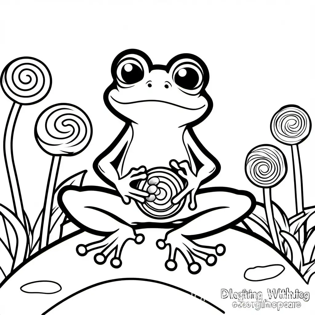 frog eating a lollipop, Coloring Page, black and white, line art, white background, Simplicity, Ample White Space. The background of the coloring page is plain white to make it easy for young children to color within the lines. The outlines of all the subjects are easy to distinguish, making it simple for kids to color without too much difficulty