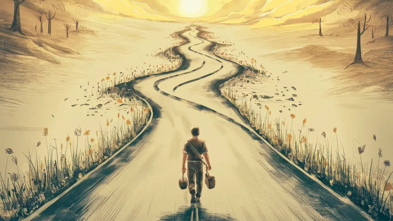 Pastel Drawing of a long winding road disappearing into the distance and a man walking on the road at the start of a journey.