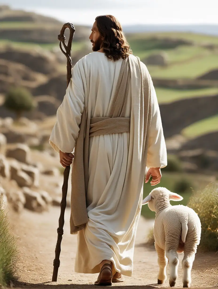 Jesus walking with a staff in his hand towards a lamb view from his back
