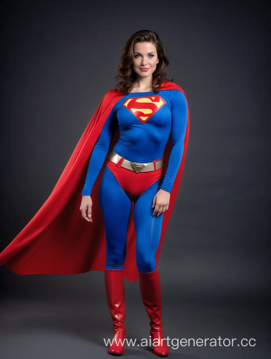 A gorgeous woman with brown hair. Age 27. She is happy and muscular. She is wearing the classic Superman costume from “Superman The Movie", with (blue leggings), (long blue sleeves), red briefs, red boots, and a long cape. She is posed like a superhero: strong and powerful.