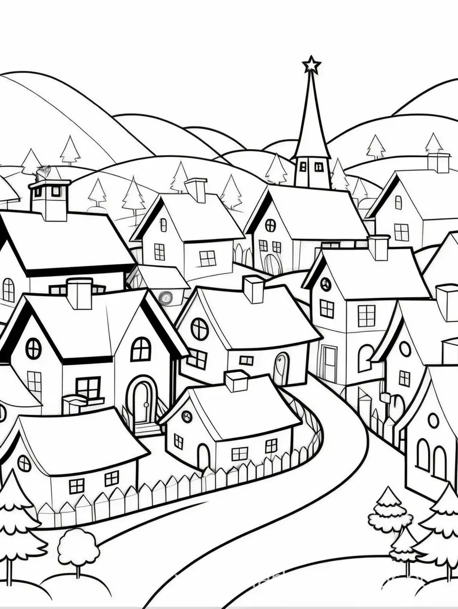 outline, small village decorated in Christmas., Coloring Page, black and white, line art, white background, Simplicity, Ample White Space. The background of the coloring page is plain white to make it easy for young children to color within the lines. The outlines of all the subjects are easy to distinguish, making it simple for kids to color without too much difficulty